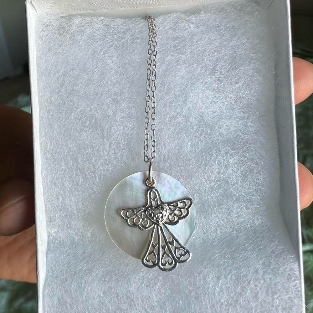 Sterling Silver Angel Pendant Necklace with Mother of Pearl